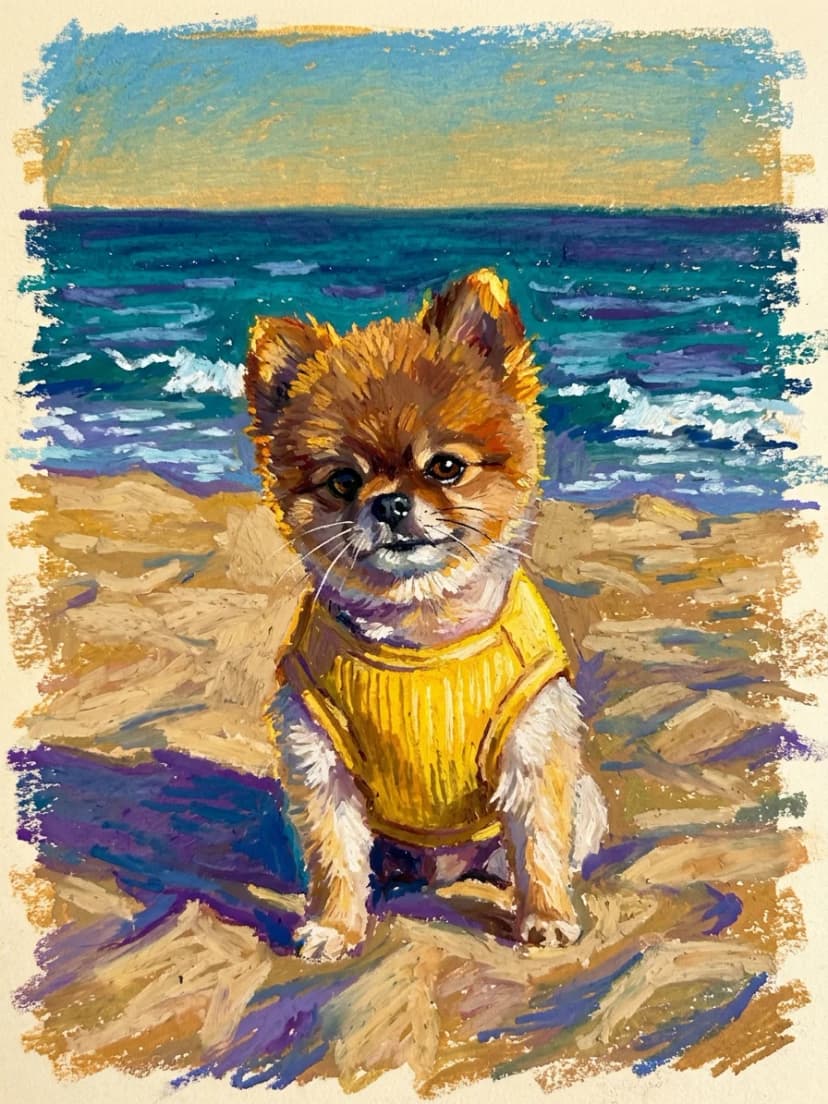 파랑 작가가 그린 곁그림 주인장 반려견, 바닷가 오일파스텔